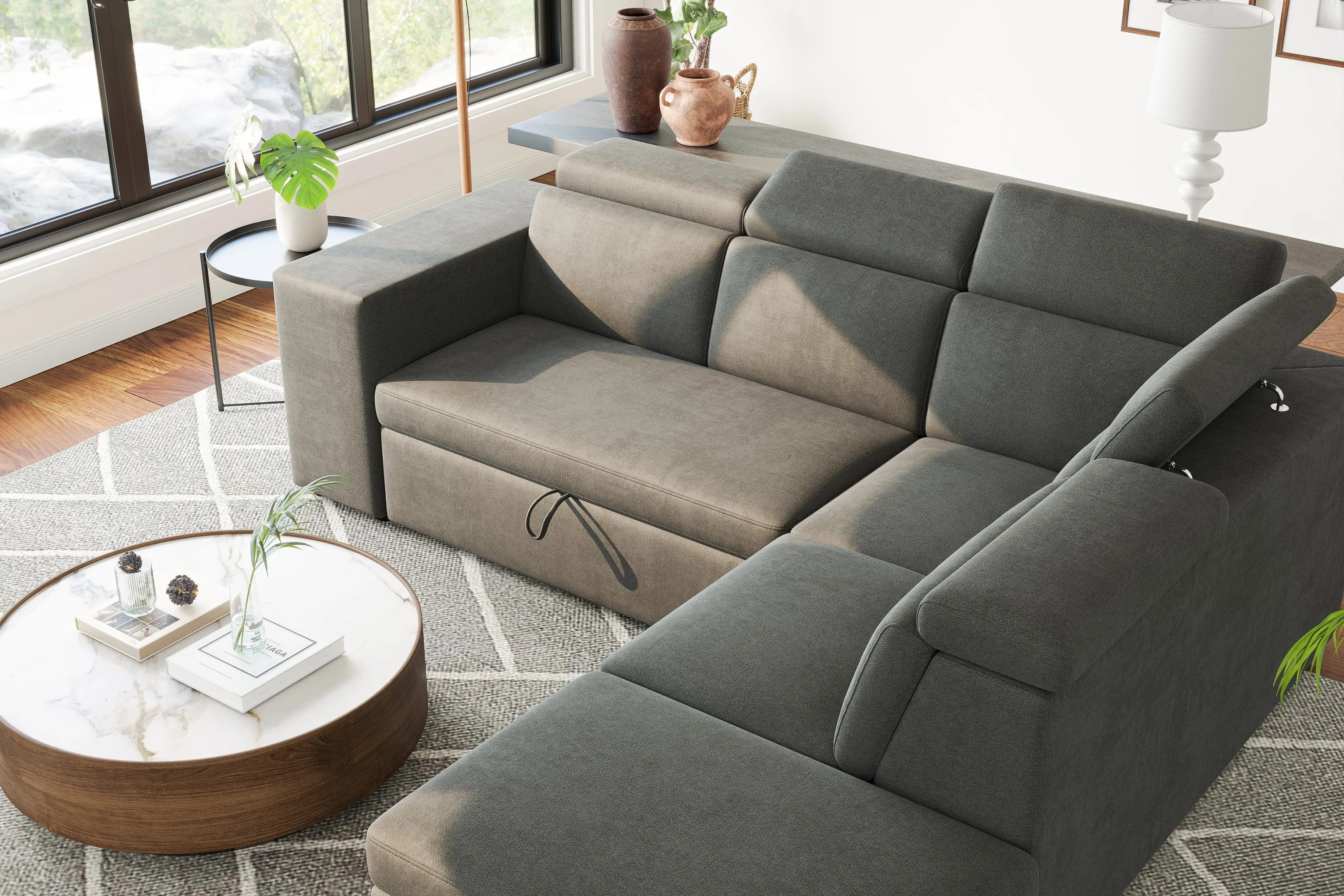 Valencia Finn Fabric Sectional Sofa Bed with Right Hand Storage, Dark Grey