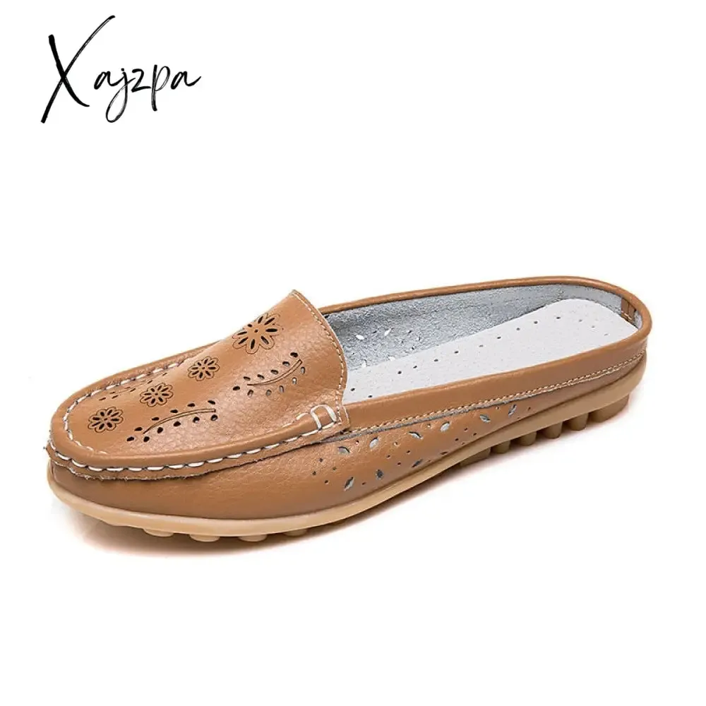 Xajzpa - Flats Women's Shoes Summer Genuine Leather Moccasins Women Loafers Cut-outs Closed-toe Slippers Casual Shoes Woman Sandals