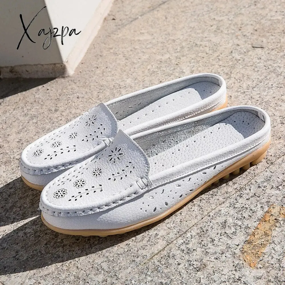 Xajzpa - Flats Women's Shoes Summer Genuine Leather Moccasins Women Loafers Cut-outs Closed-toe Slippers Casual Shoes Woman Sandals